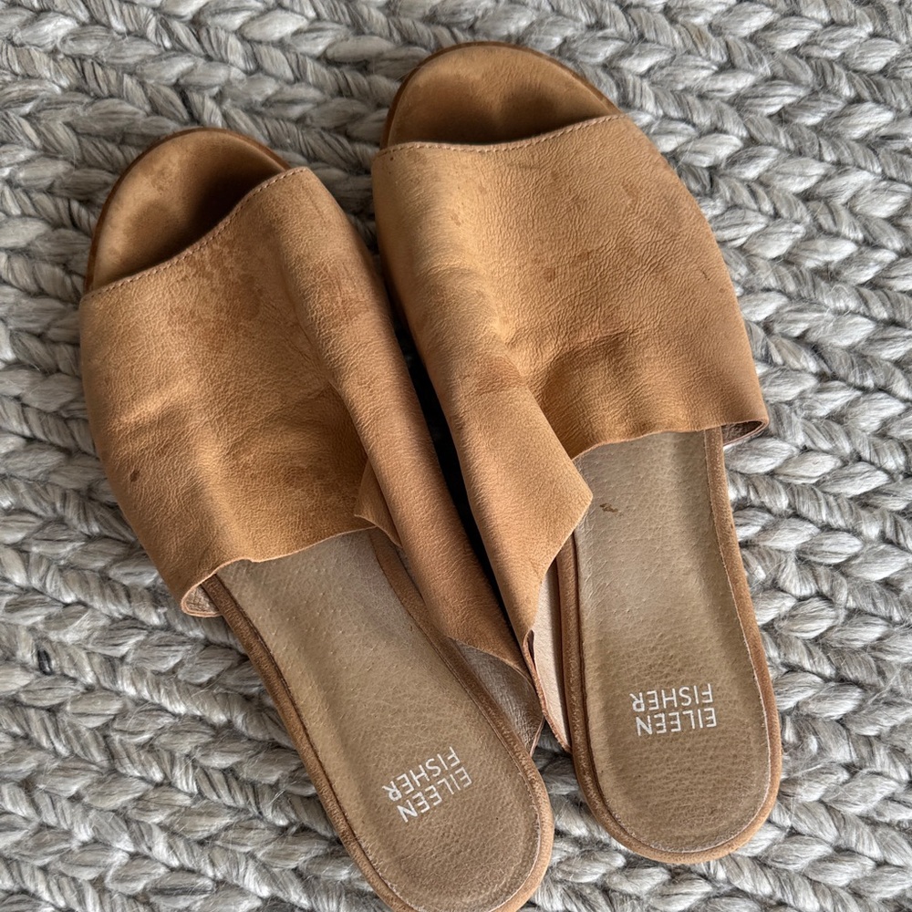 Eileen Fisher Tan Leather Open-Toe Slide Mules